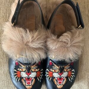 Gucci Black Fur Embroidered Cat Loafers